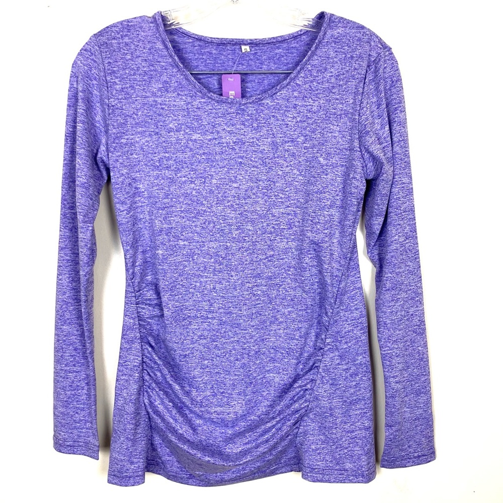 Maternity Activewear Yoga Workout Long sleeved ruched tunic Top, Purple, Size S